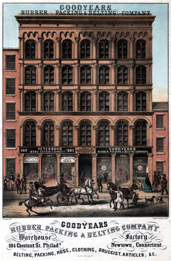 E. Luders, Goodyears Rubber, Packing & Belting Company (Philadelphia: Lithy. of A. Kollner, ca. 1856). Chromolithograph, with hand-coloring. Library Company of Philadelphia.