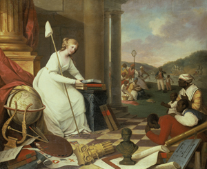 Seated white woman allegorical figure Liberty with books facing kneeling Black men, children, and woman.