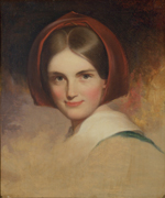 Pink cheeked white woman with red bonnet over light brown hair looking over left shoulder.