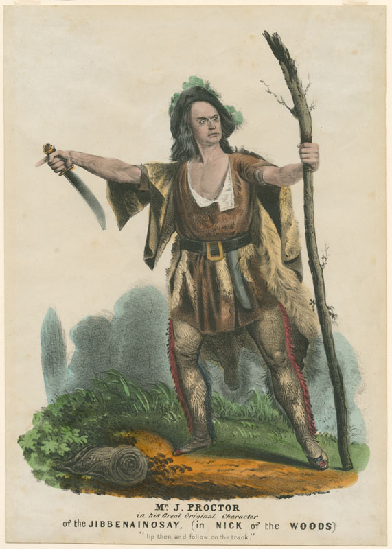 Mr. J. Proctor in his Great Original Character of The Jibbenainosay (in Nick of the Woods). Lithograph with original hand color. (New York, ca. 1856).