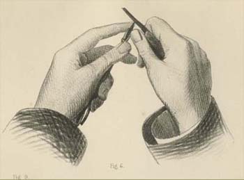 1.11 Detail showing the sharpening of a crayon from Pl. 9, “Drawing Instruments &c used in Lithography” in Every Man His Own Printer Or, Lithography Made Easy: Being an Essay upon Lithography in All Its Branches (London: Waterlow and Sons, 1854).