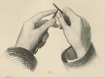 Detail showing the sharpening of a crayon from Pl. 9, “Drawing Instruments &c used in Lithography” in Every Man His Own Printer Or, Lithography Made Easy: Being an Essay upon Lithography in All Its Branches (London: Waterlow and Sons, 1854).