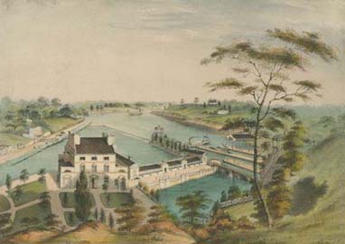 [A View of the Fairmount Waterworks with Schuylkill in the Distance. Taken from the Mount.] ([Philadelphia], ca. 1838). Crayon lithograph, hand-colored. 