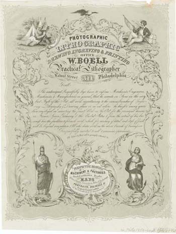 William Boell, Photographic, Lithographic, Drawing, Engraving & Printing Office. W. Boell. Practical Lithographer, 311 Walnut Street, Philadelphia. (Philadelphia, ca. 1860). Transfer and engraving on stone, tinted with one stone. Courtesy of David Doret.