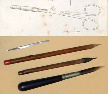 A. Lithographic Pen. Detail from Pl. XLII in Godefroy Engelmann, Traité de Lithographie (Mulhouse, Germany: P. Baret, 1839).  Courtesy of the Historical Society of Pennsylvania. B. Graver, Etching Needle, and Scraper, late 19th-century.