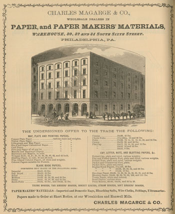 “Charles Magarge & Co., Wholesale Dealers in Paper, and Paper Makers’ Materials, Warehouse, 30, 32 and 34 South Sixth Street, Philadelphia, Pa.” in Printers’ Circular (March 1871).