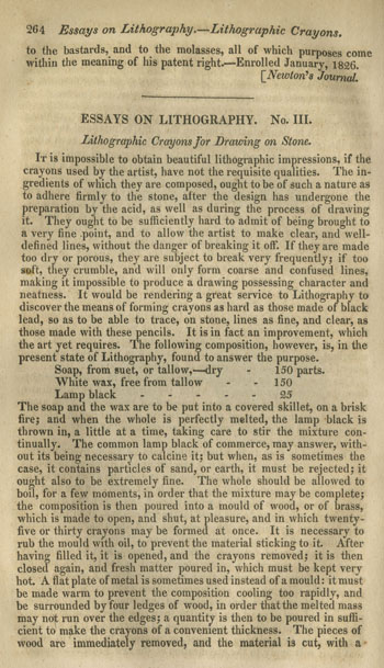 Excerpts from “Essays on Lithography. No. III.” in The Franklin Journal, and American Mechanics’ Magazine; Devoted to the Useful Arts, Internal Improvements and General Science (October 1827). 