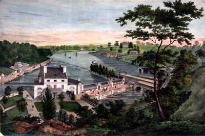 [A View of the Fairmount Waterworks with Schuylkill in the Distance. Taken from the Mount.] ([Philadelphia: Printed and published by J. T. Bowen, 1838]). Crayon lithograph, hand-colored.