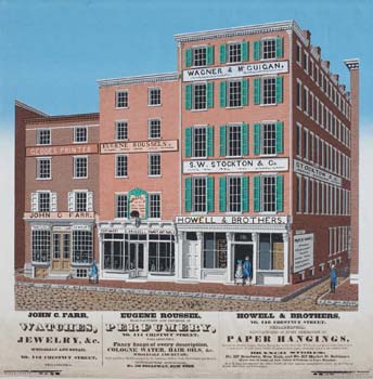 Chestnut Street, Sept. 1846 (Philadelphia, 1846). Wood block in colored ink.