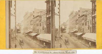 Chestnut St. West from Fourth (Philadelphia: M. P. Simons, ca. 1868). Albumen print on stereograph mount.