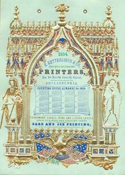 E. Ketterlinus & Co. Label Printers, No. 40 North Fourth St., Philadelphia (Philadelphia: E. Ketterlinus & Co., ca. 1855). Lithograph printed on green cardstock, embossed, gilded, and tinted with three stones. Courtesy of the Historical Society of Pennsylvania.