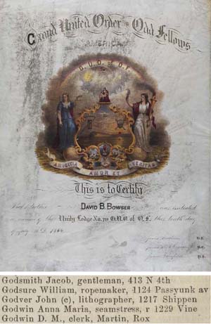 Grand United Order Odd Fellows America (Philadelphia: Hunter, 1843). Chromolithograph, hand-colored. Courtesy of the Historical Society of Pennsylvania.