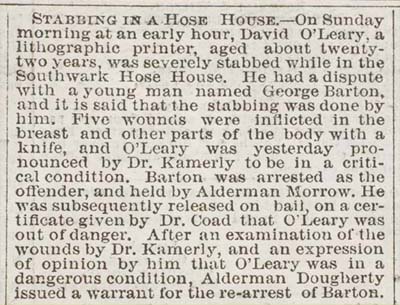 “Stabbing in a Hose House,” Public Ledger, November 5, 1867.