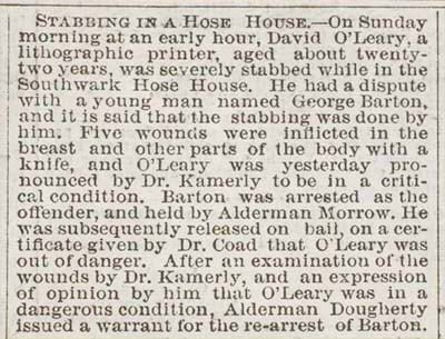 “Stabbing in a Hose House,” Public Ledger, November 5, 1867.