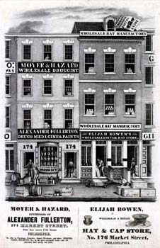 William H. Rease, Moyer & Hazard, Successors of Alexander Fullerton, 174 Market Street, Fifth Door Above Fifth Street, Philadelphia [and] Elijah Bowen, Wholesale & Retail Hat & Cap Store, No. 176 Market Street, Philadelphia (Philadelphia: Wagner & McGuigan, ca. 1846). Crayon lithograph. 