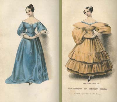 “Management of Short Limbs.” Hand-colored, crayon lithograph printed by John T. Bowen, in Mrs. A. Walker, Female Beauty, as Preserved and Improved by Regimen, Cleanliness and Dress (New-York: Scofield and Voorhies, 146 Nassau Street. J. & H. G. Langley, 57 Chatham St., [1840?]).  