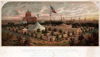 James F. Queen, Buildings of the Great Central Fair, in Aid of the U. S. Sanitary Commission Logan Square, Philadelphia, June 1864 (Philadelphia: Printed & lithogrd. by P. S. Duval & Son, 1864). Chromolithograph.