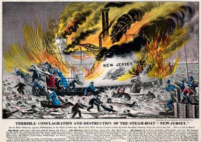 Terrible Conflagration and Destruction of the Steam-boat “New Jersey,” On the River Delaware, Opposite Philadelphia, on the Night of Saturday, March 15th, 1856, Between 8 and 9 O’Clock, by Which Dreadful Calamity Sixty-One Lives Were Lost (Philadelphia: Published by A. Pharazin, 103 South Street, [1856]). Crayon lithograph, hand-colored. 