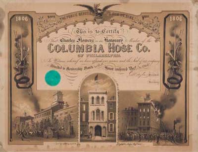 James F. Queen, Columbia Hose Co. of Philadelphia (Philadelphia: P. S. Duval Son & Co., lith., ca. 1865). Crayon lithograph, tinted with one stone. 