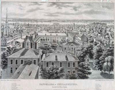 John Caspar Wild, Panorama of Philadelphia from the State House Steeple. East. Crayon lithograph in Views of Philadelphia, and Its Vicinity (Philadelphia: [J. T. Bowen], 1838). Gift of Charles A. Poulson.