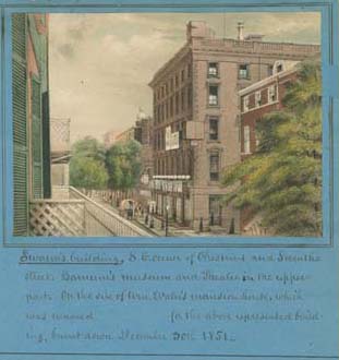 [Swaim’s Building, S. E. Corner of Chestnut and Seventh Streets (Philadelphia, ca. 1850)]. Crayon lithograph, hand-colored. Gift of Charles A. Poulson.