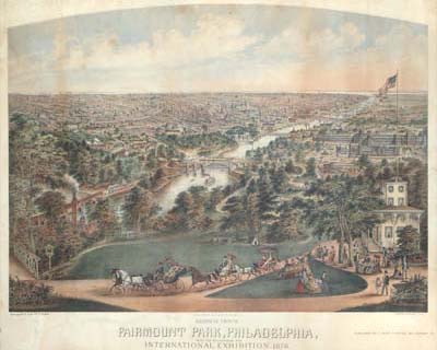 Christian Inger, Birdseye View of Fairmount Park, Philadelphia, with the Buildings of the International Exhibition 1876 (Philadelphia: Published by C. Inger & Hensel, 1875). Printed by Thomas Hunter. Chromolithograph. 