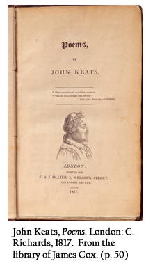 John Keats, Poems. London: C. Richards, 1817.  From the library of James Cox. (p. 50)