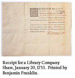 Receipt for a Library Company Share, January 20, 1733. Printed by Benjamin Franklin.