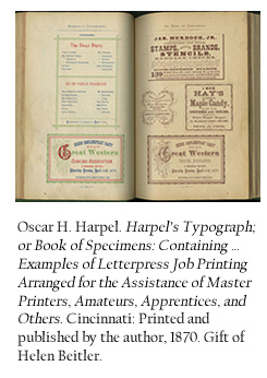 Oscar H. Harpel. Harpel's Typograph; Oor Book of Specimens: Containing … Examples of Letterpress Job Printing Arranged for the Assistance of Master Printers, Amateurs, Apprentices, and Others. Cincinnati: Printed and published by the author, 1870. Gift of Helen Beitler.