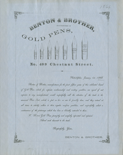 Advertisement for Benton & Brother, manufacturer of gold pens, 1866.