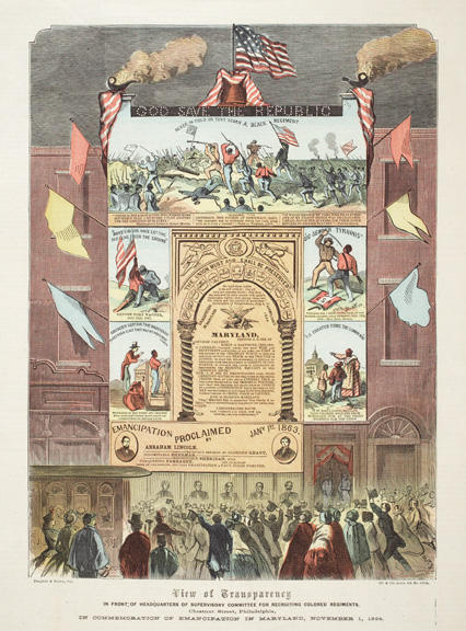 Emancipation in Maryland (Philadelphia: Ringwalt & Brown, 1864). Hand-colored wood engraving.