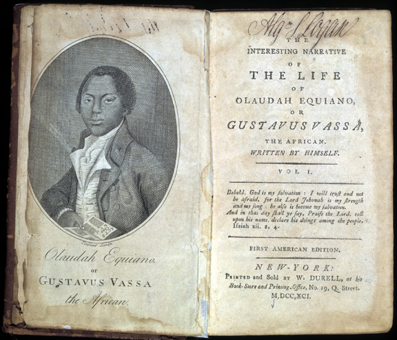 Olaudah Equiano, The Interesting Narrative of the Life of Olaudah Equiano (New York: W. Durrell, 1791). Engraved frontispiece portrait of Equiano and title page.