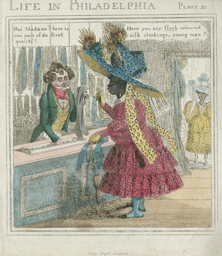 Edward Williams Clay, Life in Philadelphia. "Have you any flesh coloured silk stockings...?"  ([Philadelphia: Sarah Hart?, ca.1830]). Plate XI. Hand-colored etching.