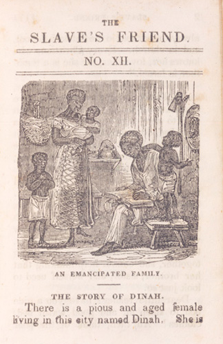 The Slave's Friend (New York: American Anti-slavery Society by R.G. Williams, 1836), vol. 1, no. 12. Periodical cover  illustration, wood engraving. 