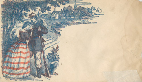 Civil War envelope depicting a soldier farewell scene, ca. 1863. Color wood engraving. From the McAllister Collection of Civil War envelopes.  