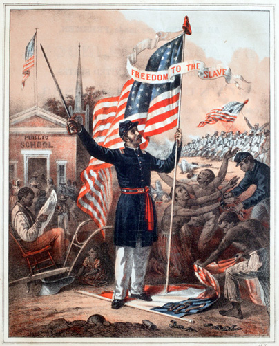 All Slaves were Made Freemen. By Abraham Lincoln, President of the United States, January 1st, 1863. Come, Then, Able-bodied Colored Men, to the Nearest United States Camp, and Fight for the Stars and Stripes ([Philadelphia: Philadelphia Supervisory Committee for Recruiting Colored Regiments, 1863]). Chromolithograph recruitment print.