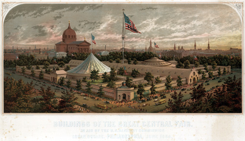 James Fuller Queen, Buildings of the Great Central Fair, in Aid of the U. S. Sanitary Commission Logan Square, Philadelphia, June 1864 (Philadelphia: P. S. Duval & Son, 1864). Chromolithograph.