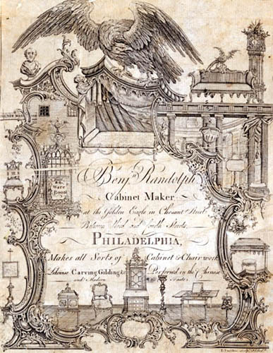James Smither, Benjn. Randolph Cabinet Maker, at the Golden Eagle in Chesnut Street between Third and Fourth Streets, Philadelphia … (Philadelphia, 1769). Engraving.