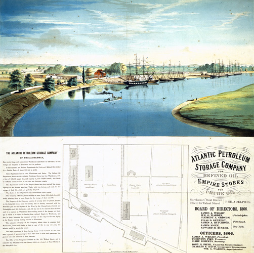 Atlantic Petroleum Storage Company for Refined Oil. Empire Stores for Crude Oil (Philadelphia: E. Herline, 1866). Chromolithograph.
