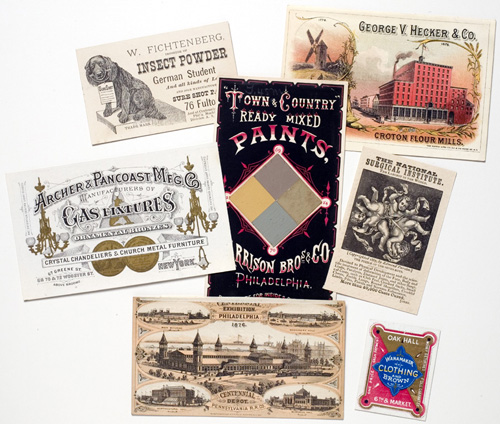 Collage of Centennial Exhibition trade cards from the John A. McAllister Collection.