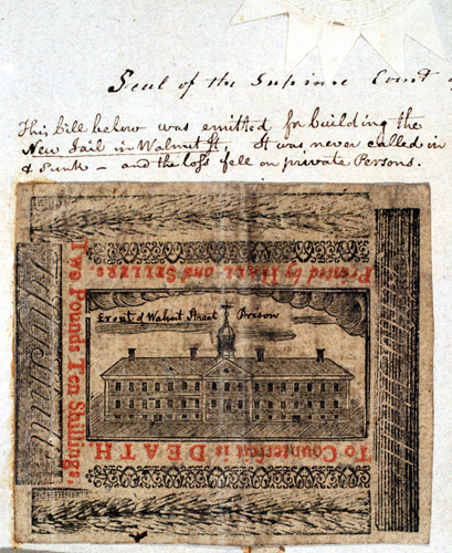 Paper money specimen from John Fanning Watson’s Annals of Philadelphia Illustrated Manuscript.