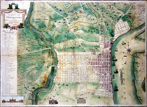 P.C. Varle, To The Citizens of Philadelphia This Plan of The City and its Environs is respectfully dedicated By the Editor (Philadelphia, [1794]). Engraved by R. Scott. Hand-colored engraving.