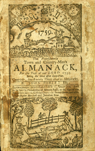 The Pennsylvania Town and Country-Man's Almanack, for the Year of Our Lord 1759 (Germantown: C. Sower, jun., 1758). Illustrated title page.