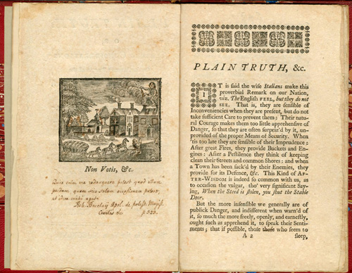 Benjamin Franklin, Plain Truth: or, Serious Considerations on the Present State of the City of Philadelphia, and Province of Pennsylvania (Philadelphia: Printed [by Benjamin Franklin], [1747]). Woodcut frontispiece.