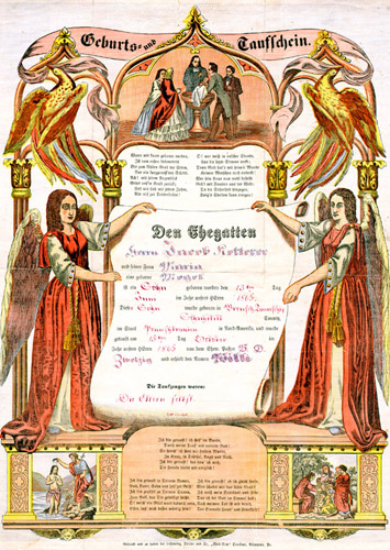 Geburts und Taufschein [Baptism certificate] (Allentown, Pa.: Leisenring, Trexler and Company, ca. 1865) Color wood engraving.