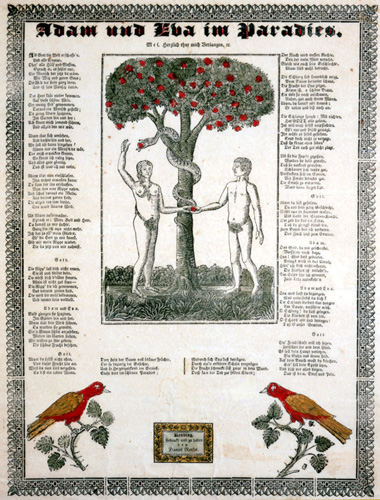 Adam und Eva im Paradies (Reading : Daniel Roths, ca. 1825?). Color woodcut.