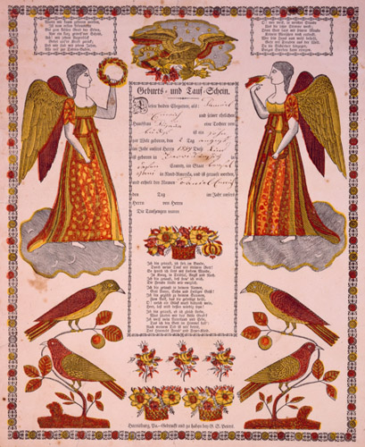 Geburts- und Tauf-Schein, Diesen beiden Ehegatten, als … (Harrisburg: G.S. Peters, ca. 1839). Color woodcut. 