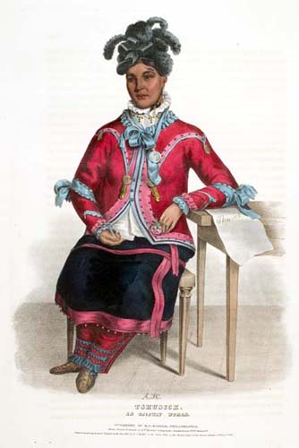 Thomas Lorraine McKenney, History of the Indian Tribes of North America (Philadelphia: F.W. Greenough, 1836-44). Hand-colored engraving, “Tshusick, an Ojibway Woman.”  