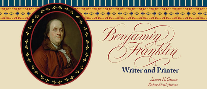 Header with montage of text, decorative pattern, and  portrait painting of Benjamin Franklin.