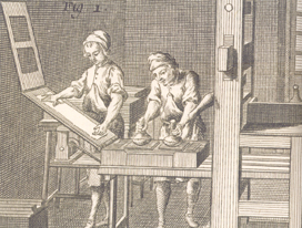Two white men in rolled shirt sleeves work a printing press.